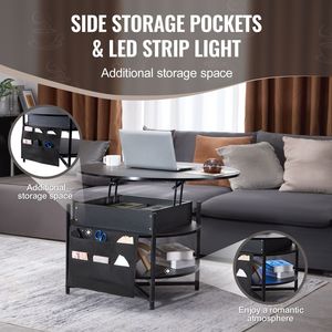 Tavolino da Caffè Rotondo Nero da 35,3 Pollici con Piano Sollevabile e Tasche Extra per lo Stoccaggio, Combinazione Pop-up per Soggiorno - Product Image 4