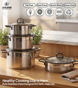 Ensemble de casseroles de luxe en acier inoxydable 18/10, 8 pièces, avec couvercles en verre, poignées en acier noir et base compatible induction - Product Image 5