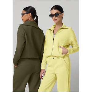 Ensemble de survêtement décontracté pour femme avec col en dentelle, veste à col montant et pantalon de jogging en mélange coton-polyester, touche féminine - Product Image 5