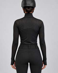 Camiseta de equitación de manga larga para mujer, negra, estampada, transpirable, de punto, con cuello alto, diseño de malla, cintura media, de secado rápido. - Product Image 2