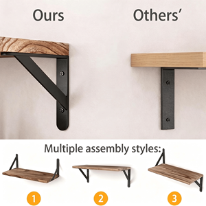 Set di 4 Mensole Galleggianti Rustiche in Legno di Paulownia da Parete con Staffe in Metallo Nero, Legno Bruciato per Lavabi - Product Image 3