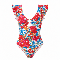 ODM Custom Print Slimming Tummy Control V-Neck Cutout Spandex/Polyester Floral Ruffled Baju Renang Wanita 1-Piece Model Ruffle Bermotif Bunga untuk Pantai dan Resor