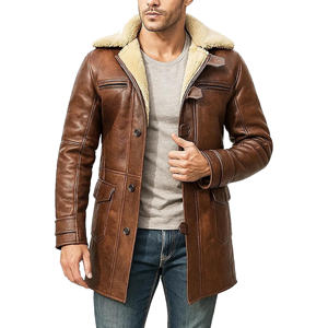 Manteau long en cuir véritable doublé de fourrure de mouton marron vintage pour homme - Product Image 1