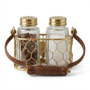 Rustic Metal Salt and Pepper Shaker Set with Glass <b>Jars</b> and Iron Caddy Holder for Kitchen Countertop Use Handmade - Product Image 4