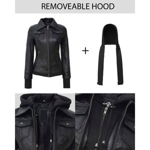Women's Black Leather Bomber <b>Jacket</b> with Removable Hoodie - Real Lambskin Slim Fit Biker <b>Jacket</b> with Thumbhole Cuffs - Product Image 4