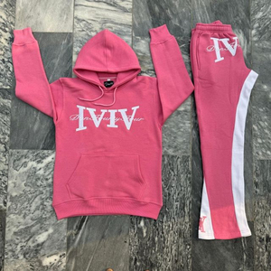 Conjuntos de chándal holgados de poliéster/algodón personalizados, estilo vintage desgastado, con pantalones acampanados y sudadera con capucha, de invierno, color liso, con cordón ajustable - Product Image 3