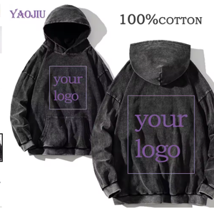 Unisex <b>Washed</b> Cotton Hoodie Oversized Casual Long Sleeve Solid Color Pullover Sweatshirt with Drawstring and Side Pockets - Product Image 4