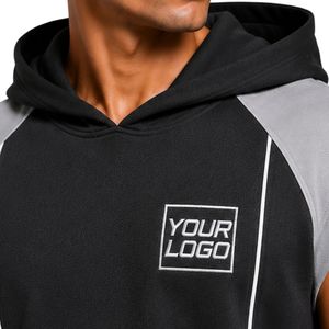 Conjunto Deportivo para Hombre, Negro y Gris Claro, Sin Mangas, con Capucha, Logotipo Personalizado, para Gimnasio, Fitness, Entrenamiento, Sudadera con Capucha y Pantalones Cortos, Ropa Deportiva - Product Image 3