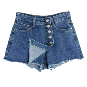 Trending High Waist Asymmetric Denim <b>Shorts</b> <b>Women</b> Solid Color Button Front Distressed Wash Summer Casual <b>Short</b> Length Regular - Product Image 1