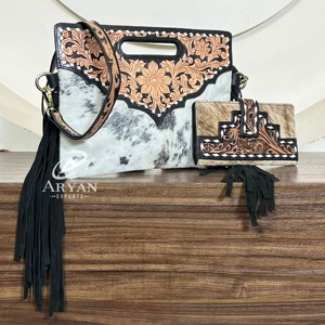 Sacs à main bandoulière en cuir de vachette véritable, grande capacité, faits main, avec fermeture éclair et franges, collection 2026, et pochette portefeuille à double rabat, ensemble deux pièces - Product Image 1