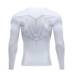 T-shirt sportif pour homme, blanc, manches longues, coupe ajustée, col rond, en polyester tricoté, couleur unie, séchage rapide - Product Image 4