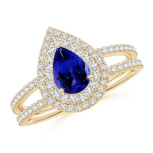 14K Solid Gold Pear Cut Natural Tanzanite and Diamond Double Halo <b>Split</b> Shank <b>Ring</b> Handmade Custom Fine Jewelry Engagement <b>Ring</b> - Product Image 1