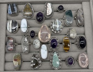 Brass <b>Silver</b> Plated Mixed Assorted Gemstone <b>Ring</b> with Bezel Setting Natural Stones <b>Adjustable</b> Bulk Jewelry Supplier - Product Image 1