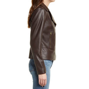 Chaqueta de cuero genuino para mujer, estilo motero, con cremallera asimétrica, corte ajustado, detalles dorados, prenda exterior de moda - Product Image 4