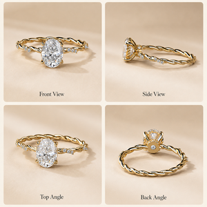 Bague de fiançailles en or jaune avec diamant moissanite ovale taillé en bande torsadée 1 CTW |   Bague de Mariage Solitaire Élégante pour Femme - Product Image 3
