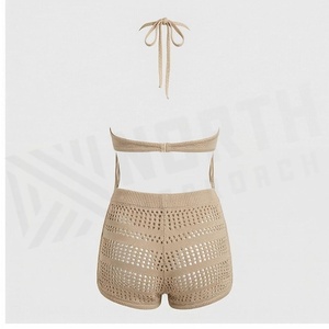 Ensemble haut halter en crochet pour femme avec pompons et short, ajouré et respirant, idéal pour la plage - Product Image 2