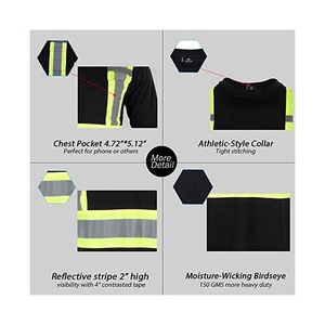 Chemise de sécurité à manches longues haute visibilité, bande réfléchissante, respirante, t-shirt noir, vêtements de travail industriels et de construction avec poche - Product Image 5