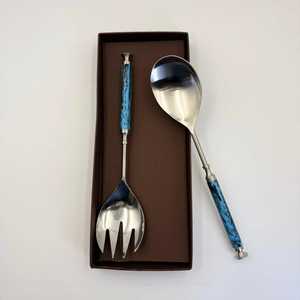 Stainless Steel Metal Salad <b>Server</b> With Polished Resin Amber Handles Large Serving Spoon And Fork Set For Gourmet Charioteer - Product Image 1