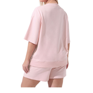 Ensemble short 2 pièces pour femme, col rond, manches courtes, couleur unie, tricoté, respirant, coupe ample, au-dessus du genou, avec poche - Product Image 2