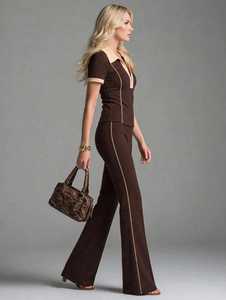 Ensemble deux pièces pour femme, col polo zippé à manches courtes, pantalon long à blocs de couleur marron, survêtement - Product Image 4