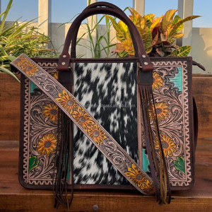 Wholesale <b>Large</b> Genuine Cowhide <b>Leather</b> Hand Tooled Women's Tote Bag Floral Fringe Crossbody <b>Purse</b> Custom Conceal Carry Handbag - Product Image 2