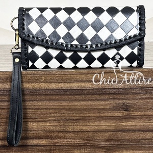 Premium Quality Black & White Checkered Wallet Trendy New Women's Hand Tooled Cow Leather Card Holder Clutch With Hand <b>Wristlet</b> - Product Image 1