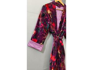 Robe Kimono Longue en Velours Tricoté Imprimé de Luxe, Épaisse, pour l'Automne et l'Hiver, Peignoir de Demoiselle d'Honneur, Robe de Chambre pour Femme, Violet - Product Image 5
