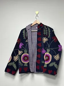 Handmade Black <b>Velvet</b> Floral Suzani <b>Jacket</b> with Heart Embroidery Artisan Boho Festival Wear for Women - Product Image 3
