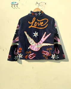 Premium Black <b>Velvet</b> Embroidered Suzani <b>Jacket</b> With Floral And Bird Pattern Full Sleeve Stand Collar Bohemian Winter Coat - Product Image 2