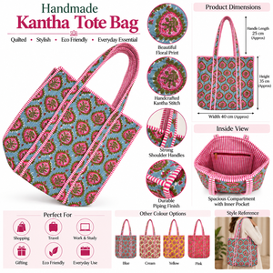 Handmade Kantha Quilted Tote <b>Bag</b> with Geometric Print <b>Fabric</b> Back Zip Striped Handles for Shopping Travel Everyday Use & Gifting - Product Image 5