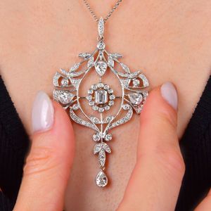 Vintage Platinum Diamond <b>Pendant</b> Necklace <b>Emerald</b> Cut Center Plant Design Rhodium Plated Women Wedding Jewelry - Product Image 3