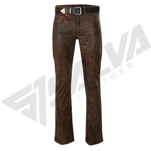 กางเกงหนังแท้ SALVA LEATHER สีน้ำตาลสำหรับผู้ชาย กันน้ำ ลายหินอ่อน สไตล์นักขี่มอเตอร์ไซค์ ทรงตรง เอวกลาง ซิปหน้า ล้างสีทราย - Product Image 2