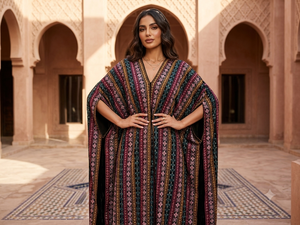 Veste Abaya pour femme, style folklorique traditionnel, velours géométrique, base noire avec broderie linéaire, décoration kaftan. - Product Image 1