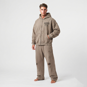 Custom Solid Color Men Cotton Fleece Jogger Set Distressed <b>Full</b> <b>Zip</b> <b>Hoodie</b> Drop Shoulder Relaxed Fit Tracksuit - Product Image 4