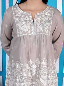 Premium Women Taupe Embroidered Cotton Blend Tunic <b>Top</b> Three Quarter Sleeve Ethnic Casual Peplum Style Designer <b>Top</b> - Product Image 6