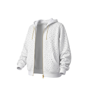 Sweat-shirt à capuche unisexe blanc uni avec fermeture éclair, en molleton personnalisé, style streetwear décontracté, fermeture éclair dorée, poches, 100% coton, coupe oversize - Product Image 3