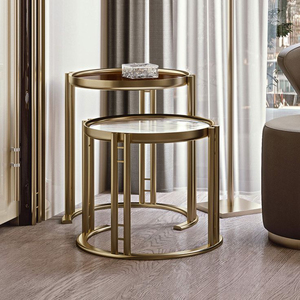 Luxury Round <b>Gold</b> Coffee <b>Table</b> Set of 2 Modern Sintered Stone <b>Side</b> <b>Tables</b> with Brushed Brass Metal Frame <b>Tables</b> for Living Room - Product Image 1