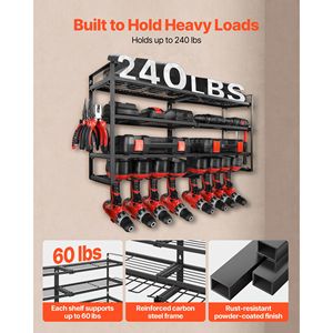 Organisateur mural pour outils électriques à 4 niveaux avec 8 supports pour perceuses, support pour tournevis, étagère de rangement - Product Image 3