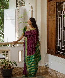 Traditional Indian Silk Saree Purple Green Border Banarasi Style <b>Floor</b> Length Women's Wedding Wear - Product Image 1