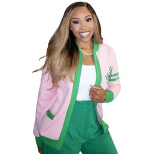 Chaqueta Bomber Tejida AKA Pink Pretty Girl para Mujer, Cárdigan con Letras Griegas, Prenda Casual de Punto Premium y Elegante - Product Image 2