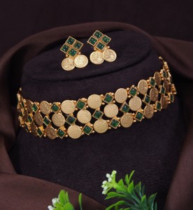 High Quality Matte Finish Gold Plated Copper Alloy Coin Choker <b>Set</b> Synthetic Stone Temple Women's <b>Indian</b> Ethnic Jewelry <b>Sets</b> - Product Image 6