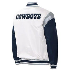 แจ็คเก็ตวาร์ซิตี้ผ้าซาตินสีขาวแบบกำหนดเองสำหรับผู้ชาย แจ็คเก็ตบอมเบอร์แขนสีน้ำเงินกรมท่า ปักดาว ขายส่ง ชุดยูนิฟอร์มเบสบอลแบบ Letterman - Product Image 4
