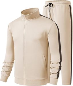 Ensemble de survêtement beige pour homme, manches longues, col montant, taille élastique, tenue décontractée d'automne, 100 % polyester, couleur unie, coupe classique - Product Image 4