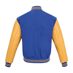 เสื้อแจ็คเก็ตวาร์ซิตี้สีน้ำเงินเหลืองสำหรับผู้ชาย แขนหนัง PU คอตั้ง ปิดด้วยกระดุม สวมใส่สบายๆ ในฤดูใบไม้ร่วง - Product Image 2
