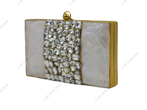 Indian handcrafted mother of pearl <b>clutch</b> with crystal stone <b>embellishment</b> brass frame luxury evening statement bag design style - Product Image 3