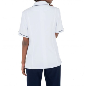 Tunique blanche à manches courtes pour femmes, bordure marine, respirante, en coton/polyester/spandex, uniforme pour esthéticiennes, infirmières, personnel hôtelier - Product Image 2