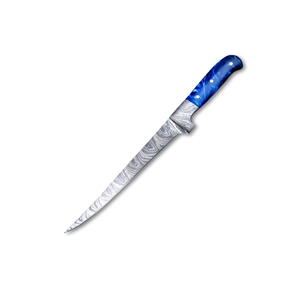 Cuchillo de filetear hecho a mano con hoja de acero de Damasco, mango de resina azul y funda de cuero para cortar pescado - Product Image 1