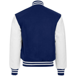 Custom Men's Cream Varsity <b>Jacket</b> With Red Blue Trim Personalized Name Number Front Logo Patch Design Autumn Casual Wear - Product Image 2