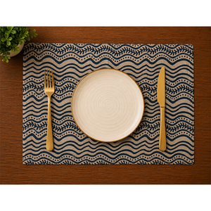 Set de table en lin de qualité supérieure |   Set de table imprimé à motif ondulé bleu marine et beige |   Set de table décoratif réutilisable - Product Image 4
