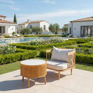 Midcentury Modern Wooden Outdoor <b>Sofa</b> One Seat with White Cushion Garden Furniture - Product Image 2